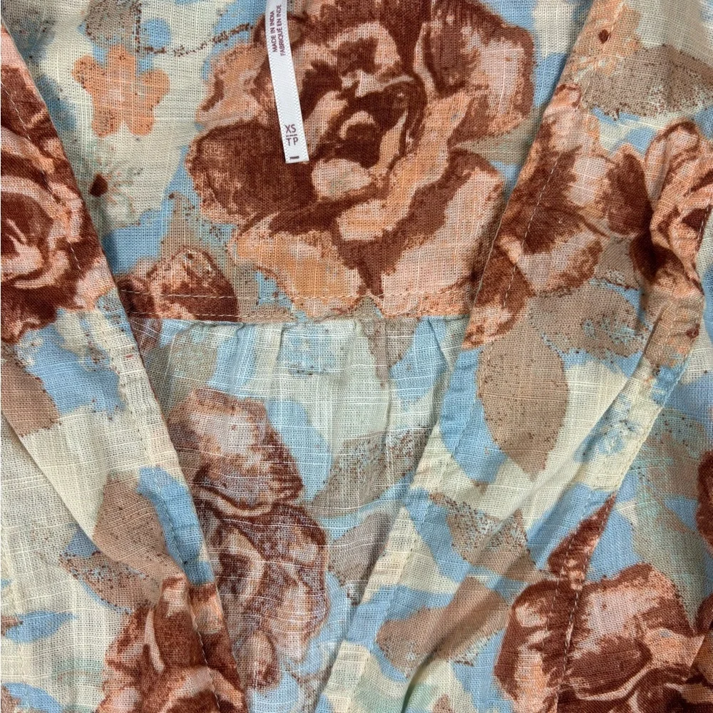Free People I Found You Printed Top Boho Floral Puff Sleeve Blouse Cream size xs